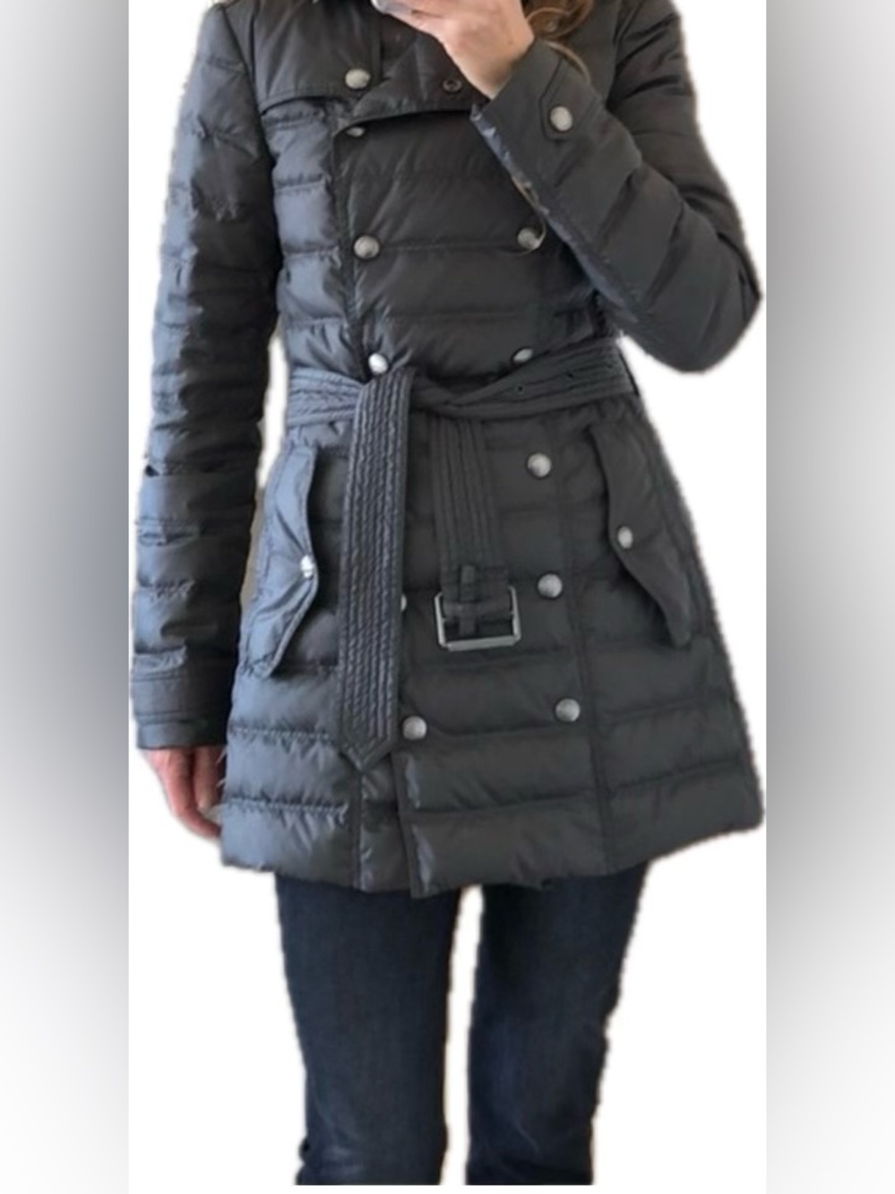 Burberry Brit Valestead Gray Down Coat with Black Fur-Trimmed Hood | XS